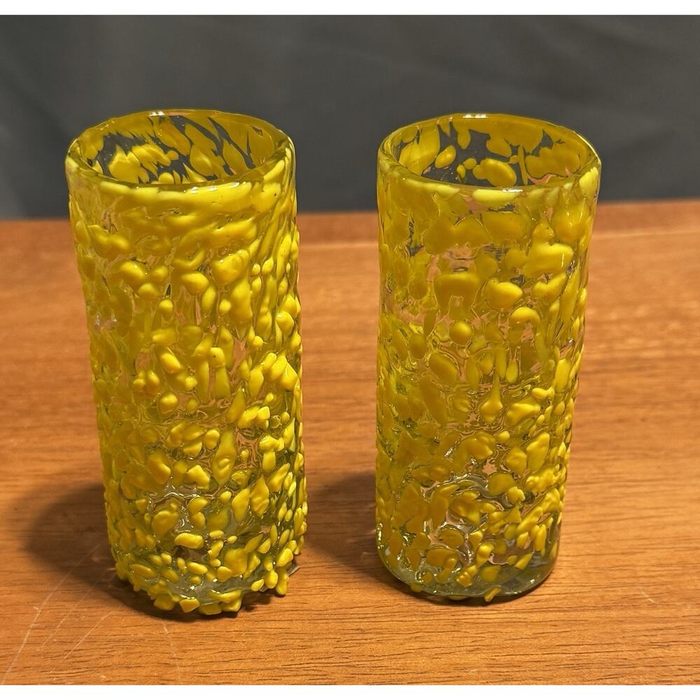 Vtg Textured Confetti Shot Glasses Mexican Handblown Glass Lemon Yellow Lot Of 2